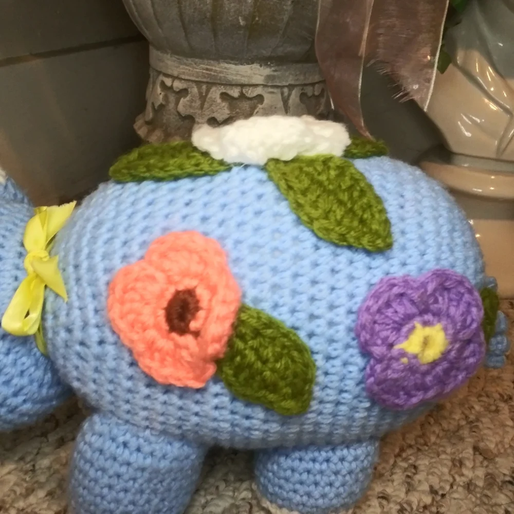 3/$18 Vtge. Blue/White Hand Crocheted Cottagecore Style Pig With Pastel Flowers